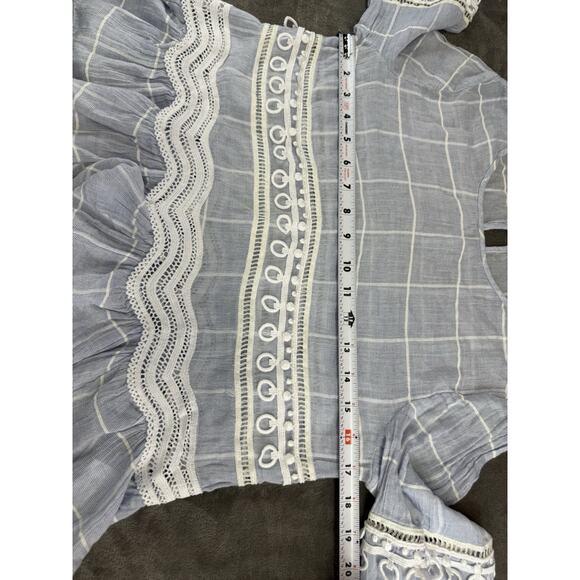 Jonathan Simkhai Blue Voile Grid Cotton Blouse XS Lace Ruffle Hem Top Keyhole - Picture 8 of 11